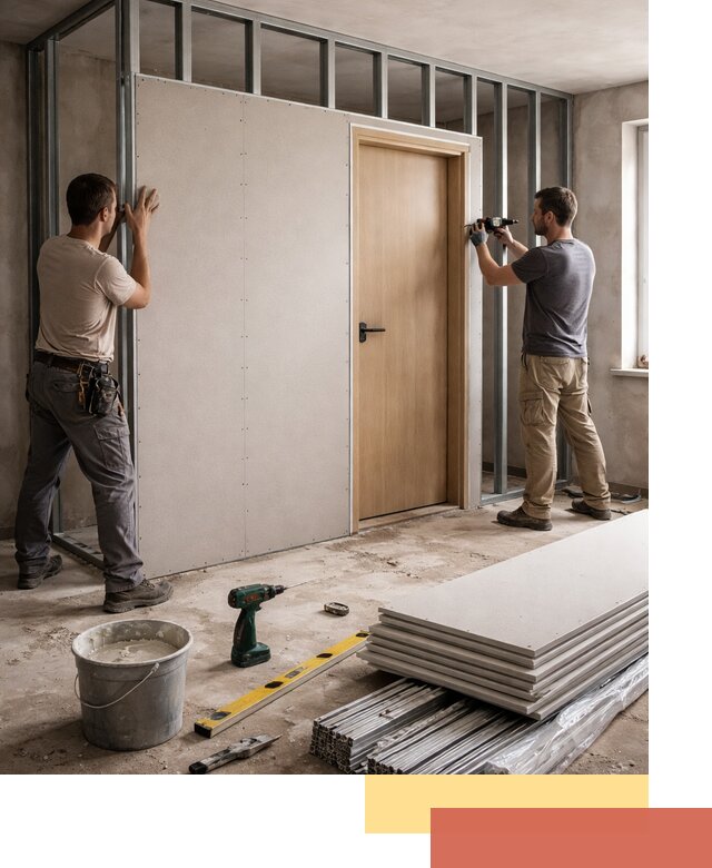 Перегородка из гипсокартона с дверью под ключ в Сафоново