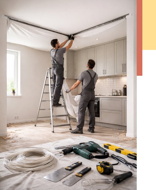 Установка натяжного потолка на кухне в Сафоново от 2460 руб. | ОТДЕЛОЧНИК-Сфн