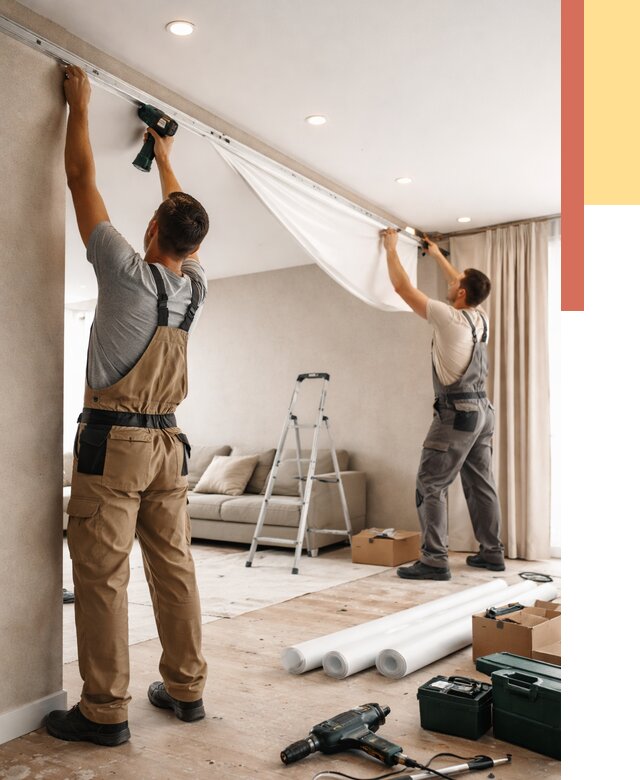 Монтаж натяжного потолка в гостиной в Сафоново от 564 руб. | ОТДЕЛОЧНИК-Сфн