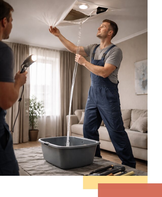 Слив воды с натяжного потолка в Сафоново быстро и аккуратно