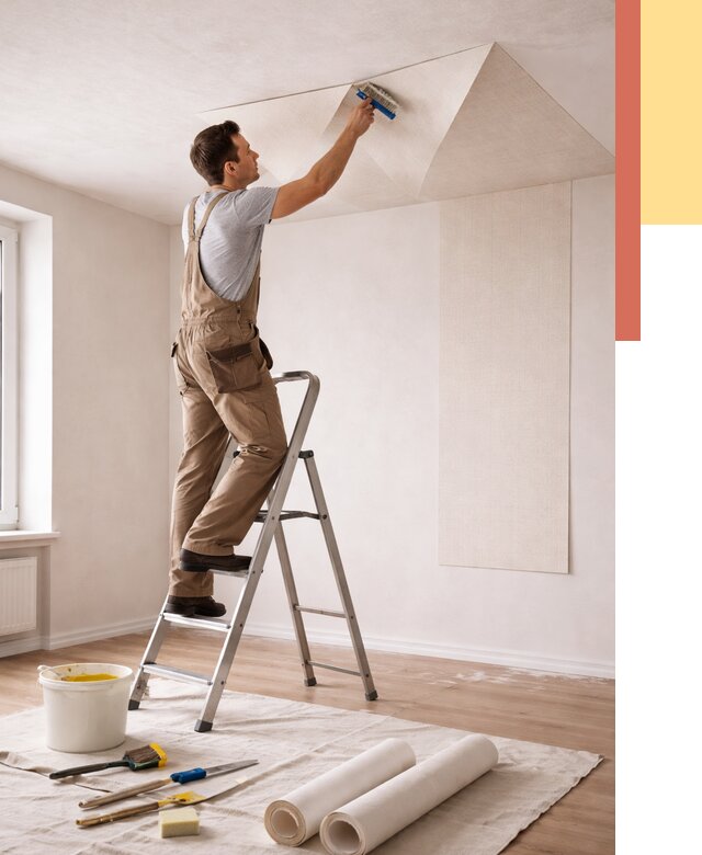 Поклейка обоев на потолок в Сафоново от 4612 руб. быстро и недорого | ОТДЕЛОЧНИК-Сфн